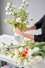 Series, step by step installation of flowers in a vase. Flowers bunch, set for home. Fresh cut flowers for decoration home. European floral shop. Delivery fresh cut flower.