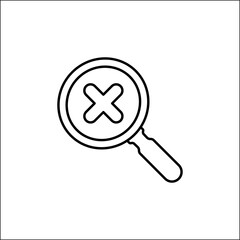 Magnifying glass with cross check mark icon. Search cancel vector icon. Magnifying glass delete simple icon. Symbol, logo illustration.