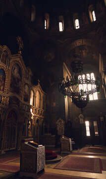 Windows illuminates interior full of fresco in old monastery from Byzantine period.