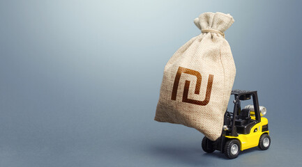 Forklift transports a israeli shekel money bag. Financial assistance, business support. Stimulating...