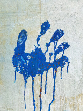 Dripping Blue Hand Print On Wall, Close Up