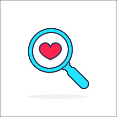 Search heart and love icon, vector. Magnifying glass with heart inside. Dating illustration.