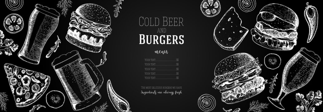 Pub food menu. Beer and burgers vector illustration. Fast food, junk food frame. Elements for burgers restaurant menu design. Engraved image, retro style.