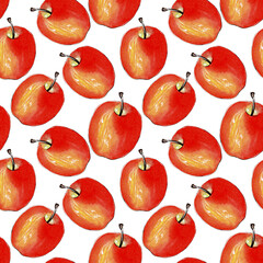 Watercolor apples pattern isolated on white background, seamless digital paper.