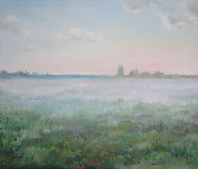 Morning fog in the russian country, oil painting