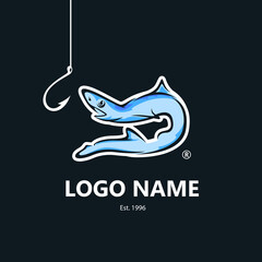 Logo of a fish that swims on a hook with an open mouth.Logo for a fishing club.Motion for fishing