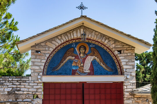 Entrance to the monastery of Archangel Michael on Thasos island Greece