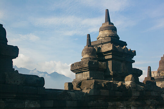 Buddhist temple in front of the mountains