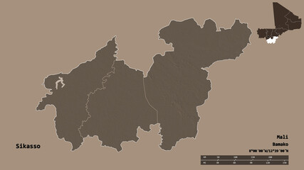 Sikasso, region of Mali, zoomed. Administrative