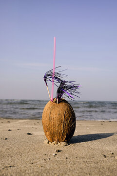 The coconut drink in the sand