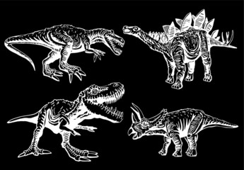 Grahical set of dinosaurs on black background, vector illustration
