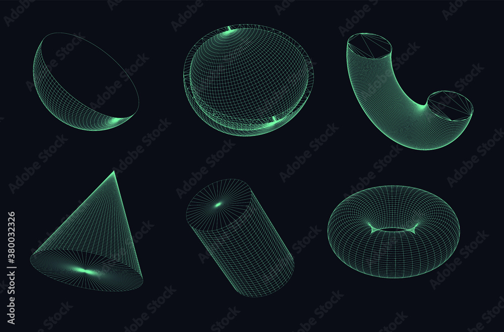 Poster Set of 3d solids made of grid: cone, torus, cylinder, sphere. Collection of vector elements in futuristic sci-fi style.