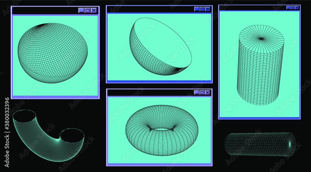 Poster Set of 3d solids made of grid: torus, cylinder, sphere. Collection of vector elements in futuristic sci-fi style.