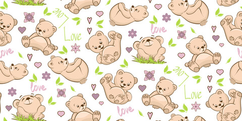 seamless pattern teddy bear flowers and leaves childrens background love kids toys textiles clothes