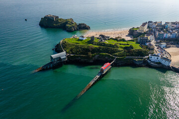 Aerial view of the old lifeboat stations and park area of Tenby in Pembrokeshire, Wales