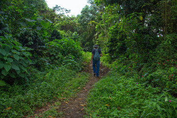 Amaga, Antioquia / Colombia. March 31, 2019. People walking through the countryside in mountainous landscape.