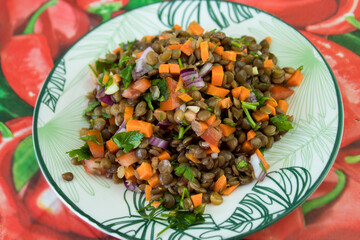 Colorful lentils for vegetarians as a salad 