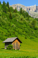 Mountain landscape along the road to Campolongo pass, Dolomites