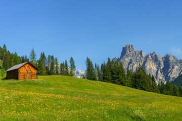 Mountain landscape along the road to Campolongo pass, Dolomites