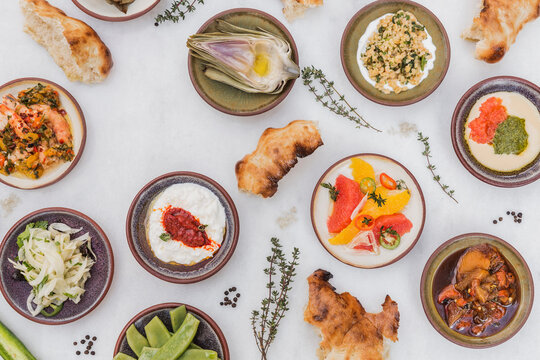 Mediterranean small fresh tapas dishes with copy space