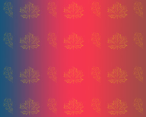 Bright autumn pattern of little maple leaves with yellow outline on a gradient blue and pink background