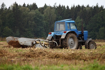 Old Russian blue tractor with combine trailer in the field close up, potato harvesting in Russia on an autumn day on forest background, rural farming