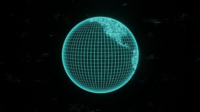 Spinning Earth hologram made of scrolling binary code. Concept of global data. Looping animation