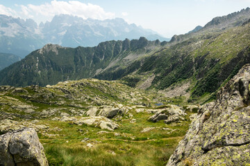 Fototapeta na wymiar Majestic mountain peaks of Dolomites Brenta in Adamello Brenta Nature Park, Italy.