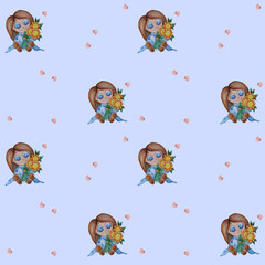Seamless pattern. Seamless patterns. A cute little girl sits with a bouquet of yellow flowers of sunflowers on a blue background with hearts. Watercolor. Hand drawing. For childrens design and decor
