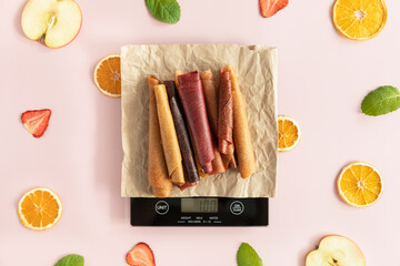 Apple pastilles. Dried fruits chips. Pastilles, fruit rolls.