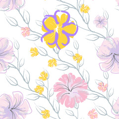 Pink Flowers Blooming Pattern. Pastel Watercolor.