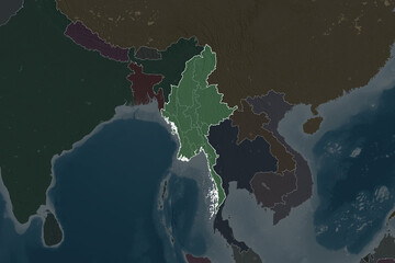 Myanmar borders. Neighbourhood desaturated. Administrative