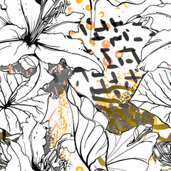 Floral Black White Pattern. Modern Watercolor