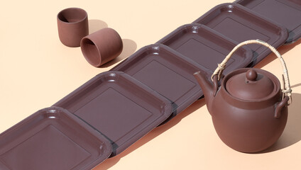 Ceramic teapot in isometric on  beige background. Minimal still life art