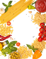 Composition of spaghetti  on white background. flat lay