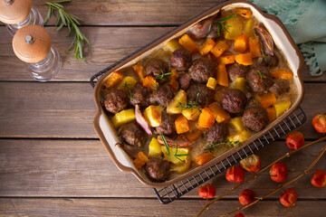 Meatballs with butternut squash and potatoes. View from above, top view