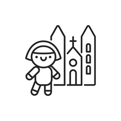 Religious tourism line black icon. Cute girl near church kawaii pictogram. Sign for web page, mobile app, button, logo. Vector isolated element. Editable stroke.