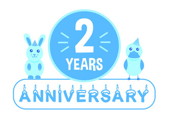 2nd birthday. Two years anniversary celebration banner with blue theme for kids.