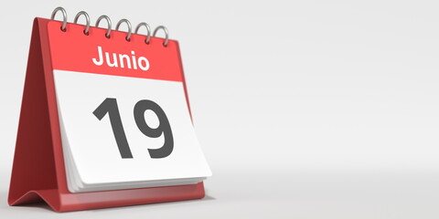 June 19 date written in Spanish on the flip calendar, 3d rendering
