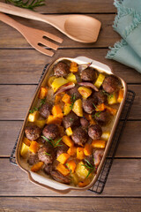 Meatballs with butternut squash and potatoes. View from above, top view