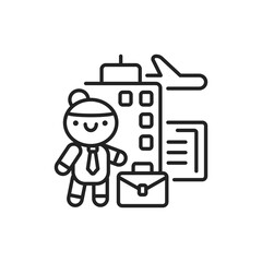 Business tourism line black icon. Cute girl on a work trip kawaii pictogram. Sign for web page, mobile app, button, logo. Vector isolated element. Editable stroke