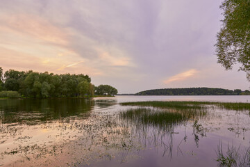 Early autumn landscape. Sunset over a grassy lake.