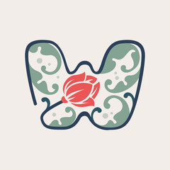 Floral botanical letter W logo made of line, leaves and flower.