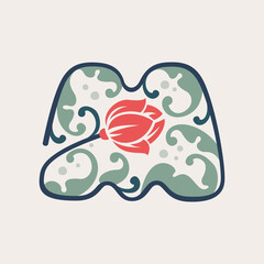 Floral botanical letter M logo made of line, leaves and flower.