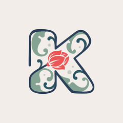 Floral botanical letter K logo made of line, leaves and flower.
