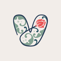 Floral botanical letter V logo made of line, leaves and flower.