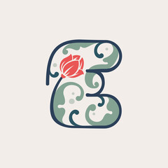Floral botanical letter E logo made of line, leaves and flower.