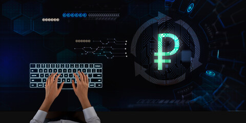 Business woman works on touch screen about Ruble sign