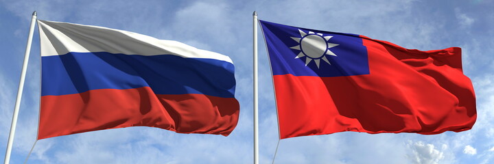 Naklejka premium Flying flags of Russian Federation and Taiwan on high flagpoles. 3d rendering