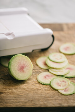 Slicing Watermelon Radish With A Mandoline